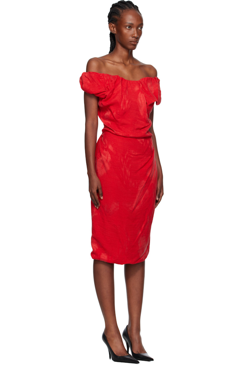Cupro- and viscose-blend damask midi dress.

· Asymmetrical construction
· Draping, gathering, and jacquard pattern throughout
· Off-the-shoulder neckline
· Vent at back hem

Supplier color: Ermine