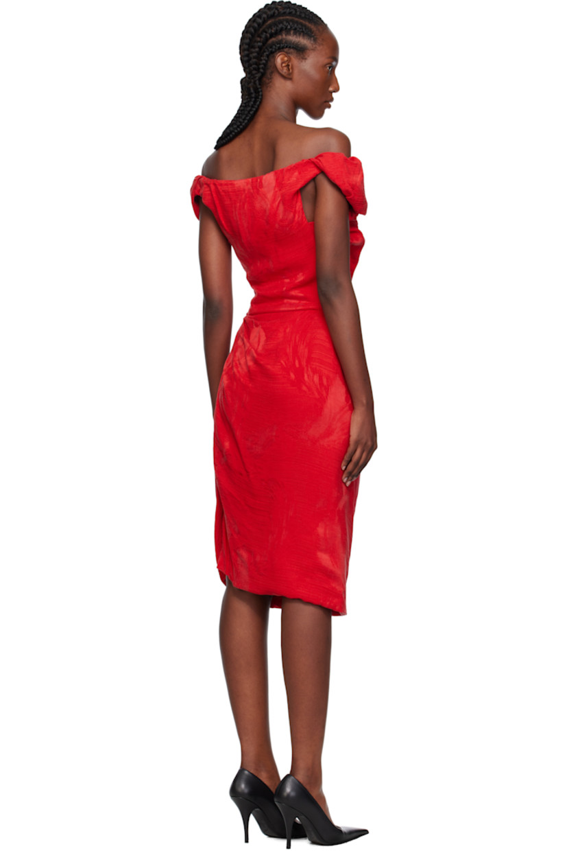 Cupro- and viscose-blend damask midi dress.

· Asymmetrical construction
· Draping, gathering, and jacquard pattern throughout
· Off-the-shoulder neckline
· Vent at back hem

Supplier color: Ermine