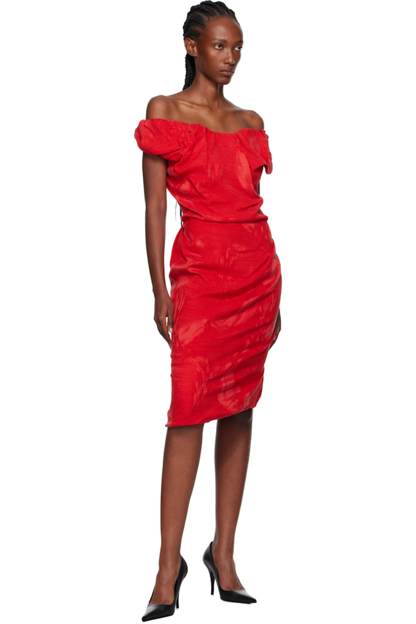 Cupro- and viscose-blend damask midi dress.

· Asymmetrical construction
· Draping, gathering, and jacquard pattern throughout
· Off-the-shoulder neckline
· Vent at back hem

Supplier color: Ermine