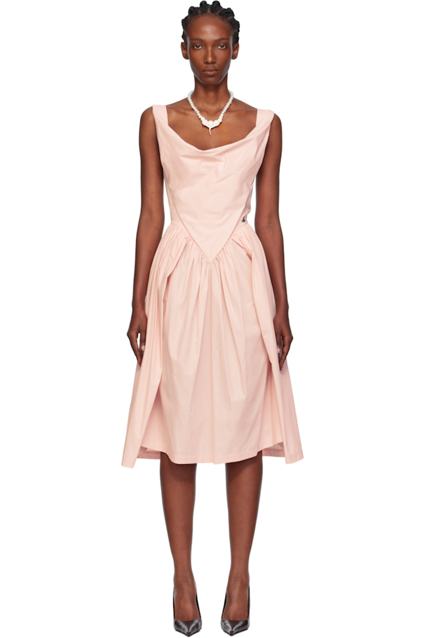 Regenerative cotton poplin midi dress.

· Cowl neck
· Embroidered logo at front waist
· Gathering, pleats, and darts at waist
· Concealed zip closure at back

Supplier color: Pink