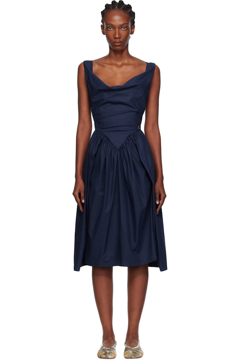 Regenerative cotton poplin midi dress.

· Cowl neck
· Embroidered logo at front waist
· Gathering, pleats, and darts at waist
· Concealed zip closure at back

Supplier color: Navy