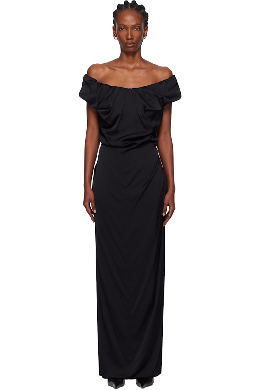 Viscose crêpe maxi dress. 

· Asymmetrical construction
· Draping and gathering throughout
· Off-the-shoulder neckline
· Vent at back hem

Supplier color: Black