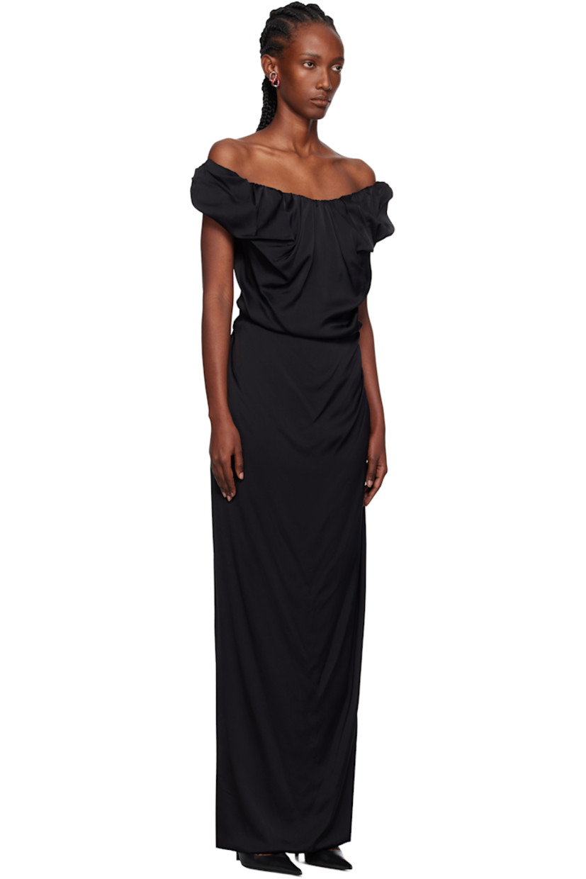 Viscose crêpe maxi dress. 

· Asymmetrical construction
· Draping and gathering throughout
· Off-the-shoulder neckline
· Vent at back hem

Supplier color: Black
