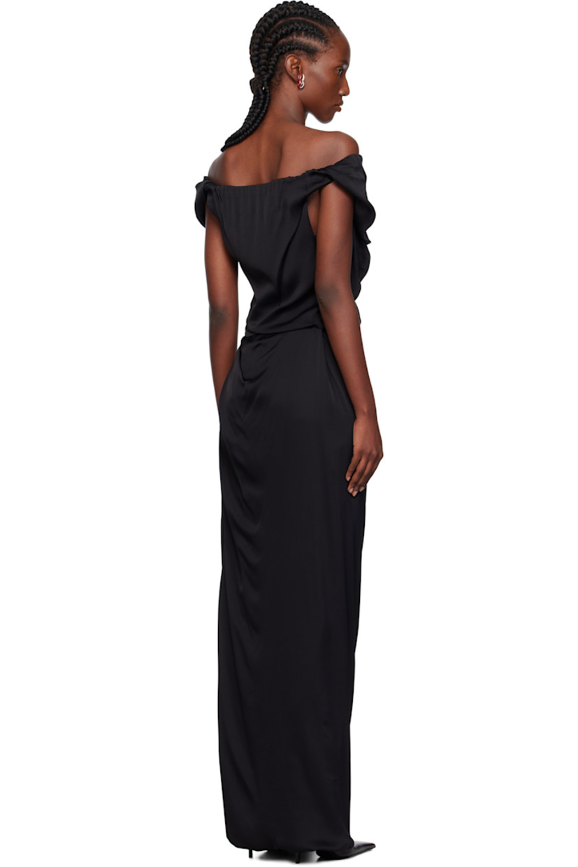 Viscose crêpe maxi dress. 

· Asymmetrical construction
· Draping and gathering throughout
· Off-the-shoulder neckline
· Vent at back hem

Supplier color: Black