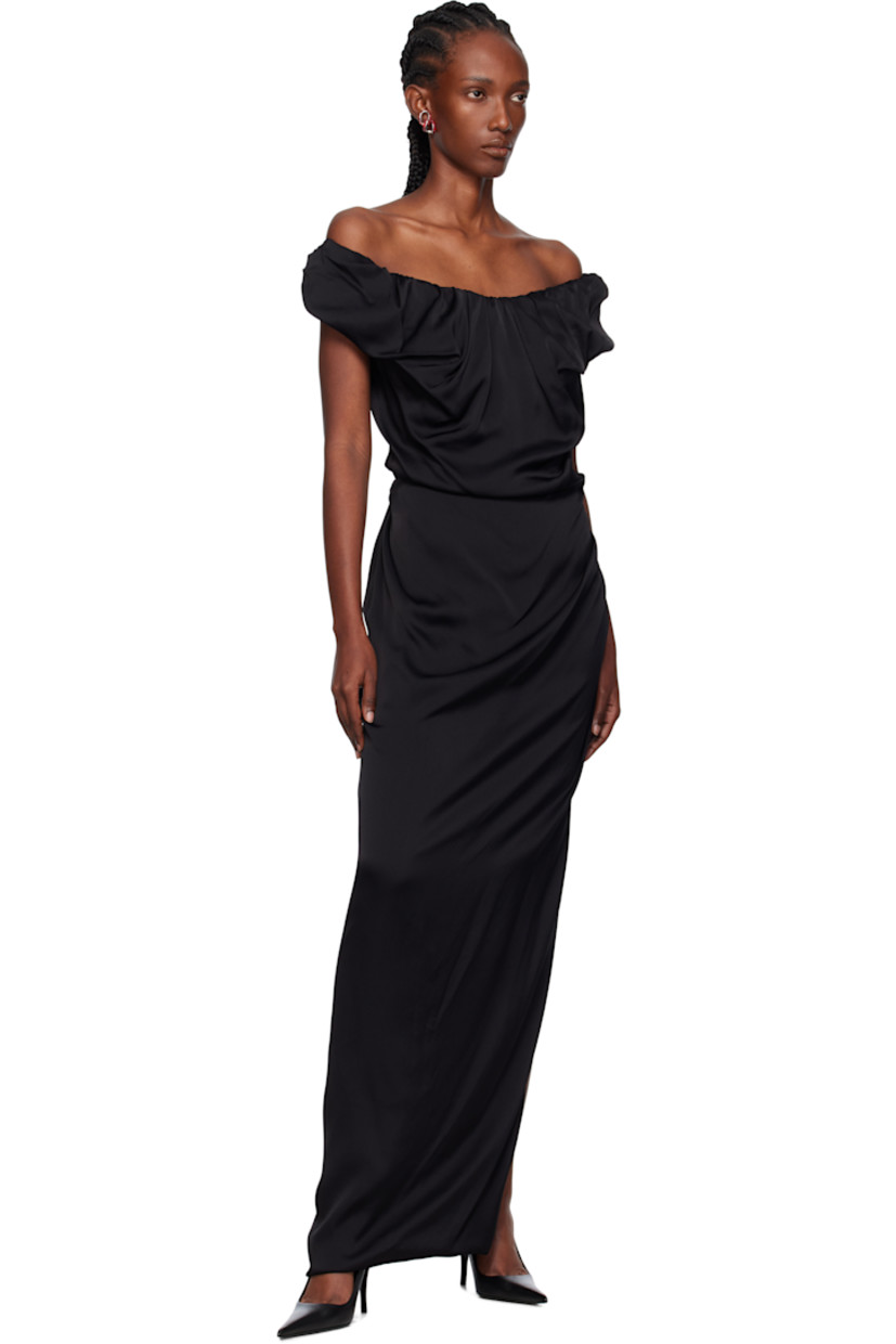 Viscose crêpe maxi dress. 

· Asymmetrical construction
· Draping and gathering throughout
· Off-the-shoulder neckline
· Vent at back hem

Supplier color: Black
