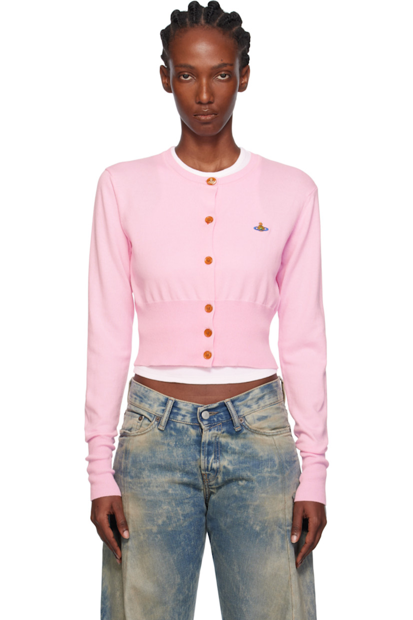 Knit organic cotton- and cashmere-blend cardigan.

· Rib-knit crewneck, hem, and cuffs
· Button closure
· Embroidered logo at chest
· Cropped hem 

Supplier color: Pink