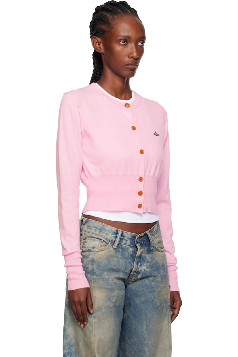 Knit organic cotton- and cashmere-blend cardigan.

· Rib-knit crewneck, hem, and cuffs
· Button closure
· Embroidered logo at chest
· Cropped hem 

Supplier color: Pink