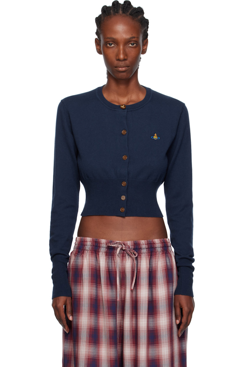 Knit organic cotton- and cashmere-blend cardigan. 

· Rib-knit crewneck, hem, and cuffs
· Button closure
· Embroidered logo at chest
· Cropped hem 

Supplier color: Navy