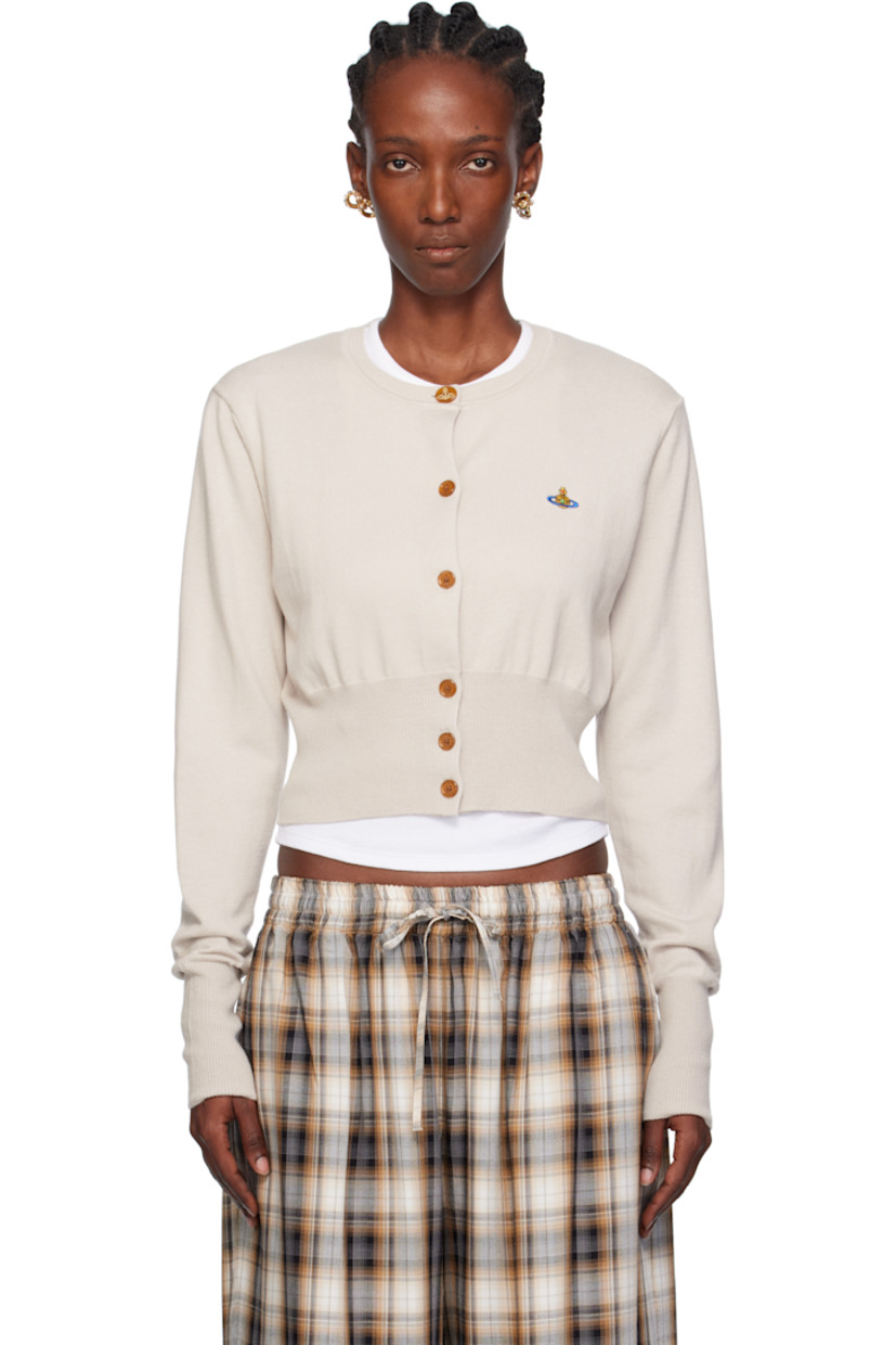 Knit organic cotton- and cashmere-blend cardigan. 

· Rib-knit crewneck, hem, and cuffs
· Button closure
· Embroidered logo at chest
· Cropped hem 

Supplier color: Dusty white