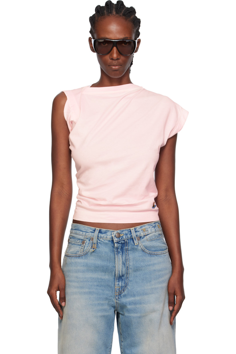 Organic cotton jersey T-shirt. 

· Asymmetrical construction
· Draping throughout 
· Rib-knit boatneck
· Embroidered logo at front hem

Supplier color: Pink