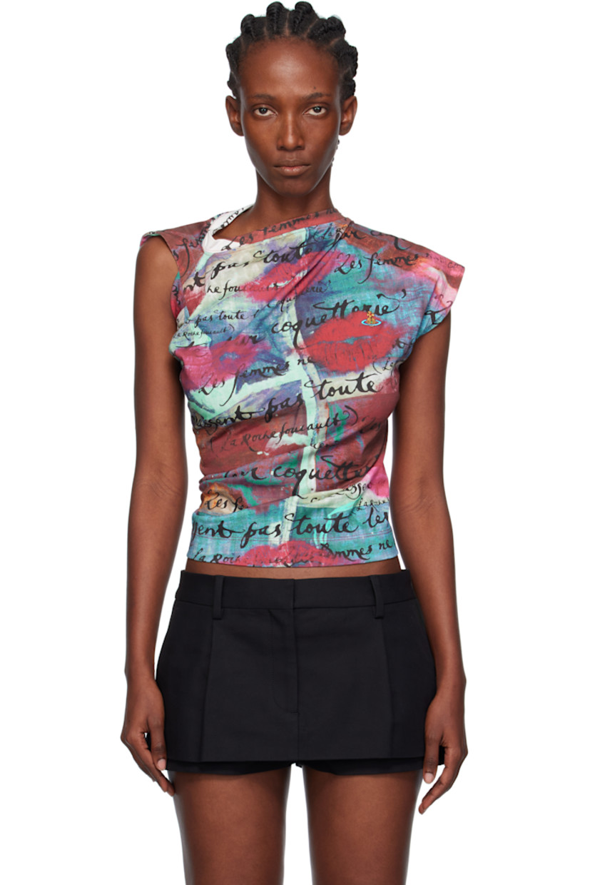 Organic cotton jersey T-shirt. 

· Asymmetrical draped construction
· Graphic pattern and text printed throughout 
· Rib-knit boatneck
· Embroidered logo at chest

Supplier color: Union jack/Kisses