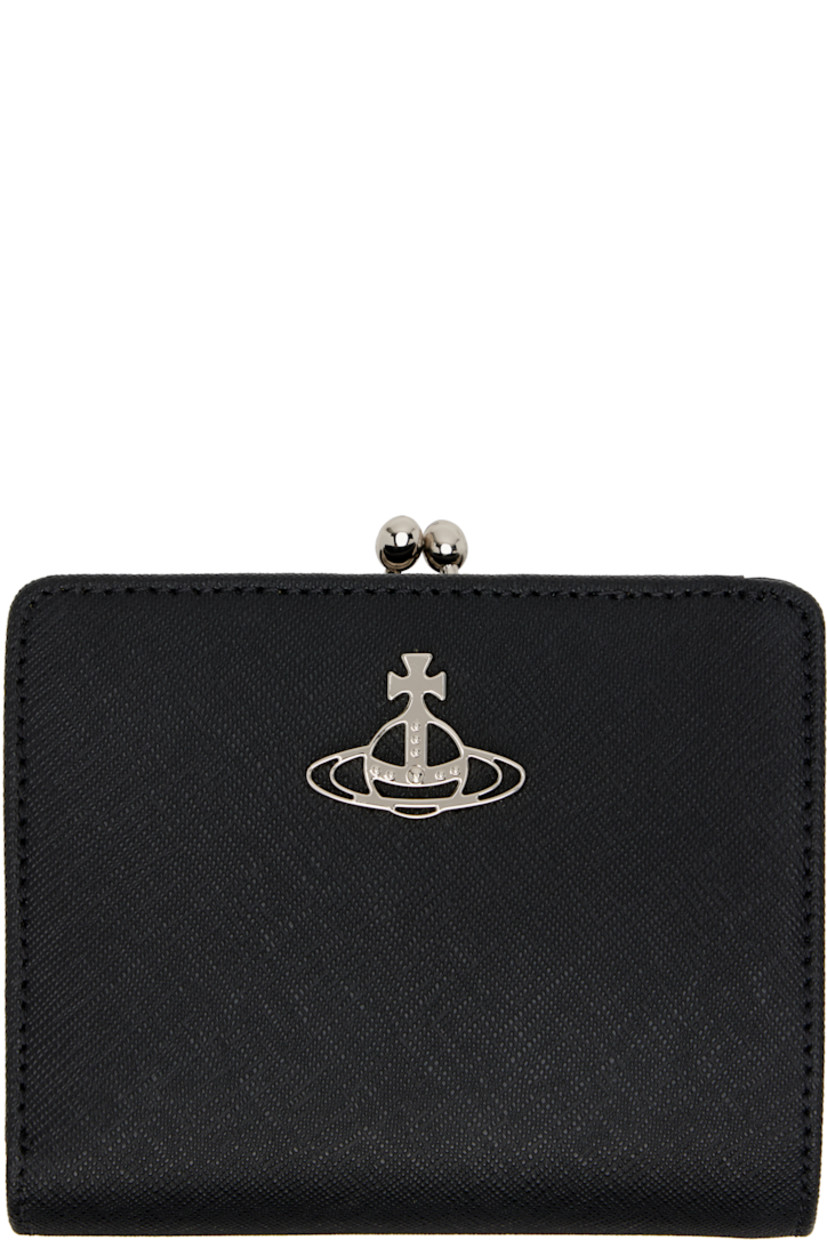 Saffiano leather bifold wallet.

· Logo hardware at face
· Press-stud flap closure
· Kiss-lock coin pouch at back face
· Six card slots at interior 
· Three patch pockets
· One note slot
· Twill lining
· Silver-tone hardware
· H3.75" x W4.5" x D1"

Supplier color: Black