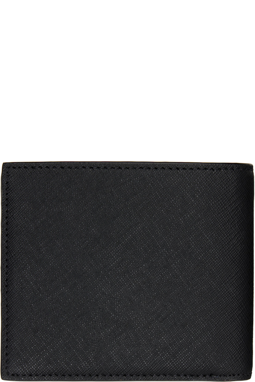 Saffiano leather bifold wallet. 

· Logo hardware at. face
· Six card slots and two patch pockets at interior 
· Two note slots
· Twill lining
· Silver-tone hardware
· H3.75" x W4" x D1"

Supplier color: Black