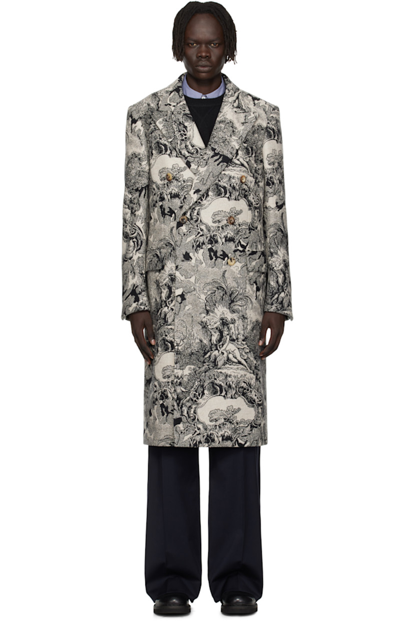 Brushed virgin wool-blend twill coat.

· Jacquard graphic pattern throughout 
· Peaked lapel
· Double-breasted button closure
· Welt pocket and flap pockets
· Padded shoulders
· Four-button surgeon's cuffs
· Central vent at back hem
· Welt pockets at interior
· Full logo-woven twill lining
· Horn hardware

Supplier color: Cream/Black