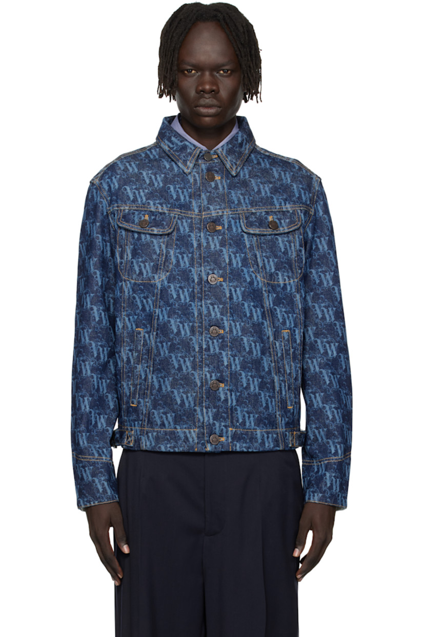 Non-stretch organic cotton denim jacket. 

· Laser-printed logo pattern throughout
· Button tab at spread collar
· Button closure
· Flap and welt pockets
· Buttoned barrel cuffs
· Leather logo patch at back hem
· Cinch tabs at back hem
· Logo-engraved hardware
· Contrast stitching in tan

Supplier color: VW frame laser denim