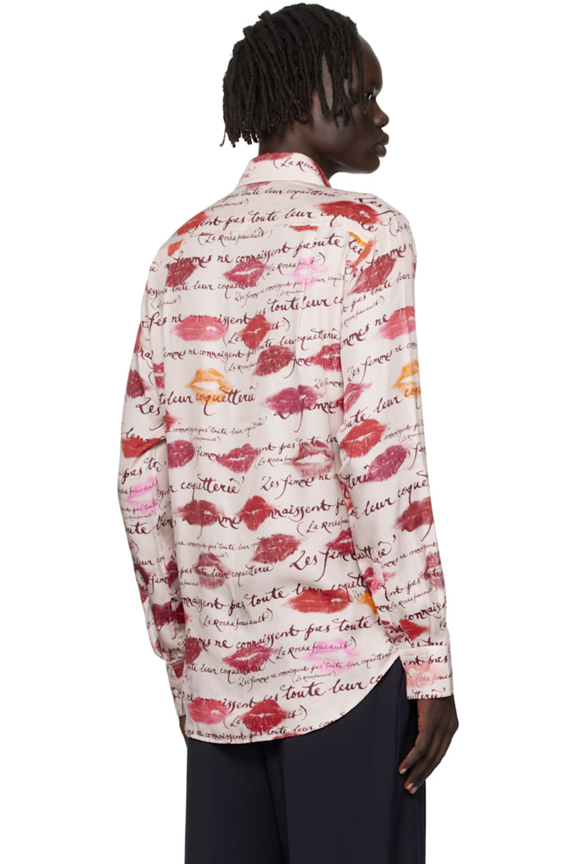 Viscose twill shirt. 

· Graphics and text printed throughout
· Pointed collar
· Button closure 
· Logo embroidered at chest
· Shirttail hem
· Single-button barrel cuffs
· Twin pleats at back yoke
· Mother-of-pearl hardware

Supplier color: Kisses