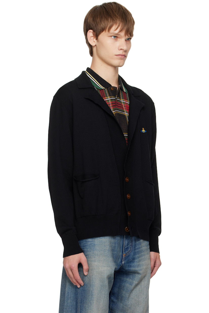 Knit organic cotton- and cashmere-blend cardigan.

· Rib-knit open spread collar, hem, and cuffs
· Button closure
· Logo embroidered at chest
· Welt pockets with rolled edge at front

Supplier color: Black