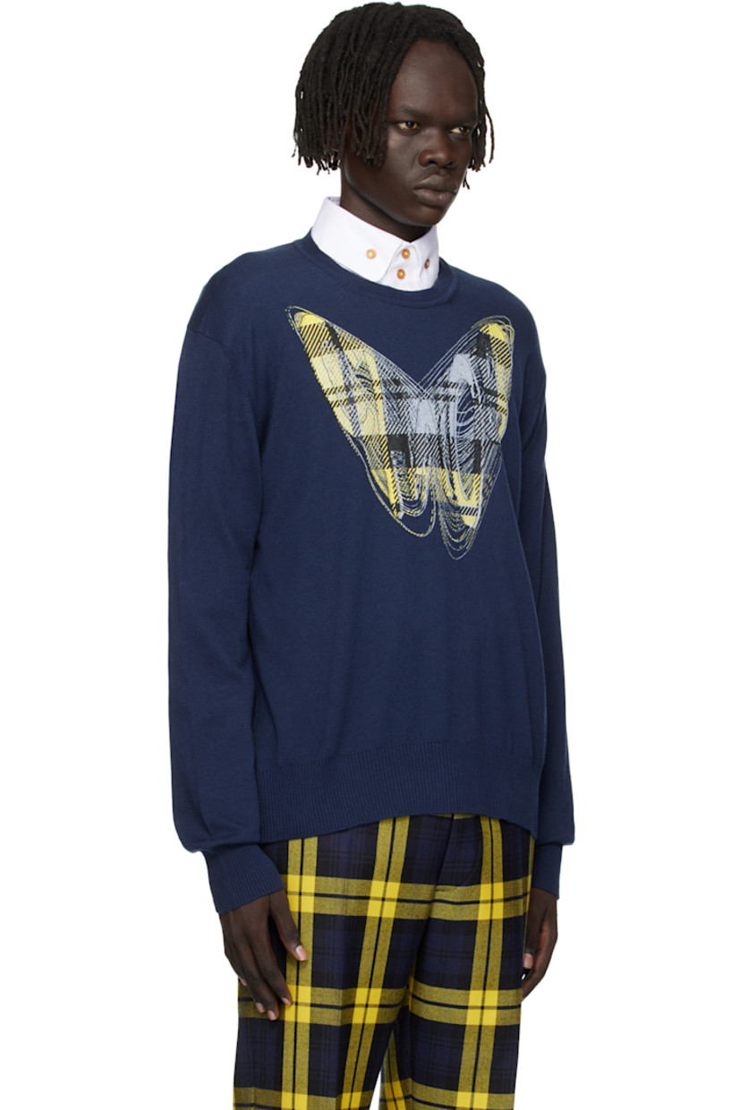 Knit organic cotton-blend sweater.

· Rib-knit crewneck, hem, and cuffs
· Graphic printed at chest

Supplier color: Navy