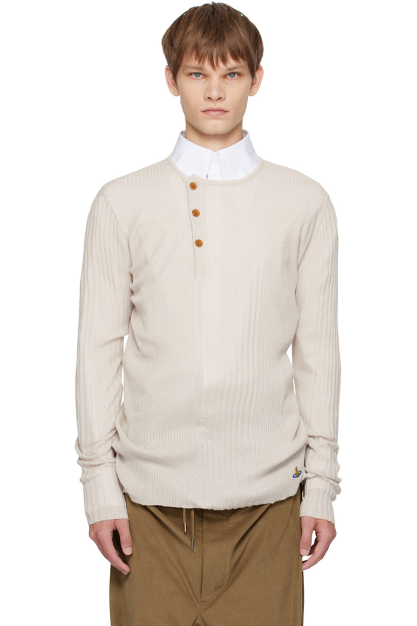 Rib-knit organic cotton- and cashmere-blend henley.

· Crewneck
· Offset three-button placket
· Logo embroidered at front hem

Supplier color: Dusty white