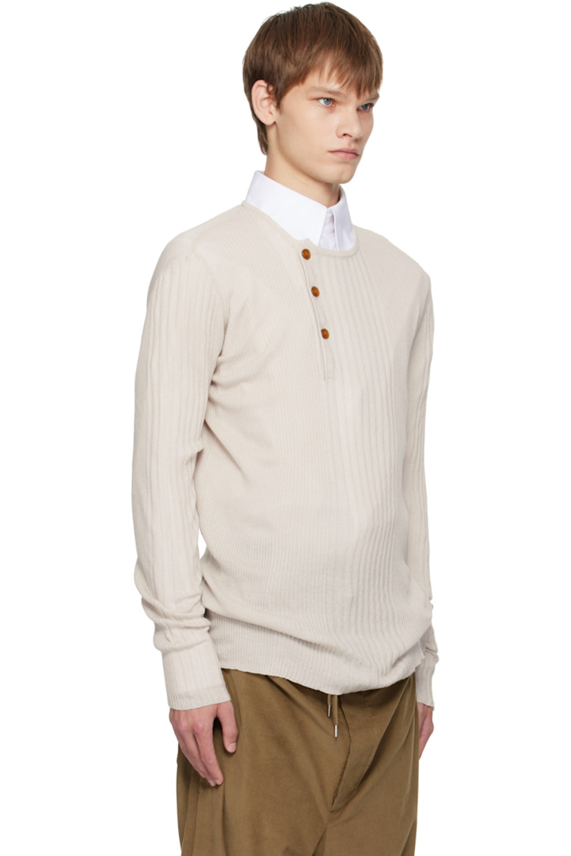 Rib-knit organic cotton- and cashmere-blend henley.

· Crewneck
· Offset three-button placket
· Logo embroidered at front hem

Supplier color: Dusty white