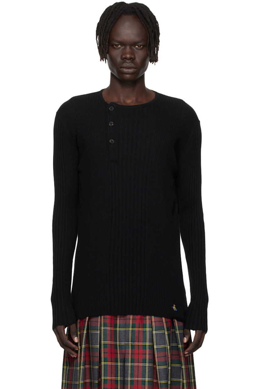 Rib-knit organic cotton- and cashmere-blend sweater. 

· Crewneck
· Offset three-button placket
· Logo embroidered at hem
· Dropped shoulders
· Horn hardware 

Supplier color: Black