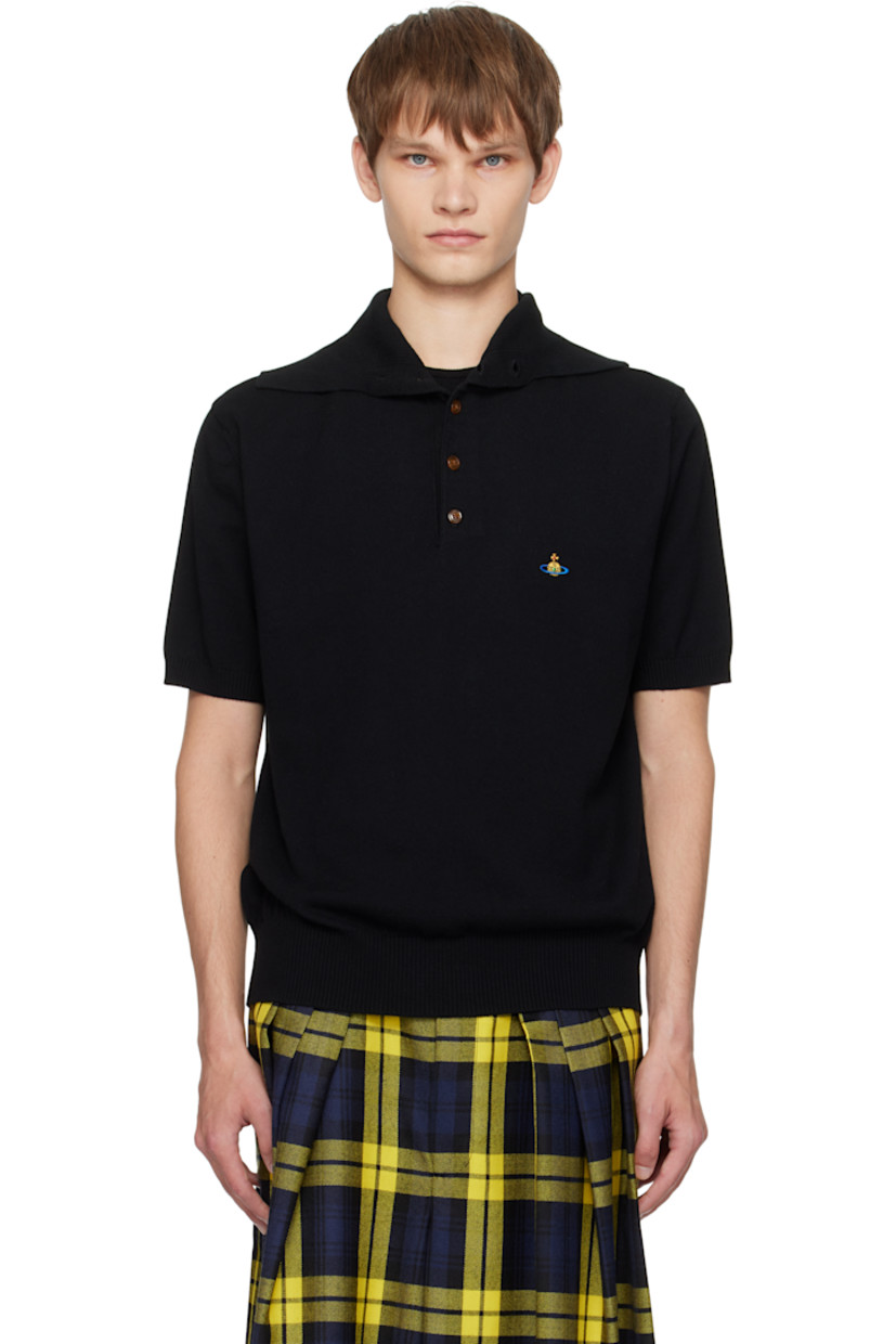 Knit organic cotton- and cashmere-blend polo.

· Rib-knit extended spread collar, hem, and cuffs
· Five-button placket
· Logo embroidered at chest

Supplier color: Black