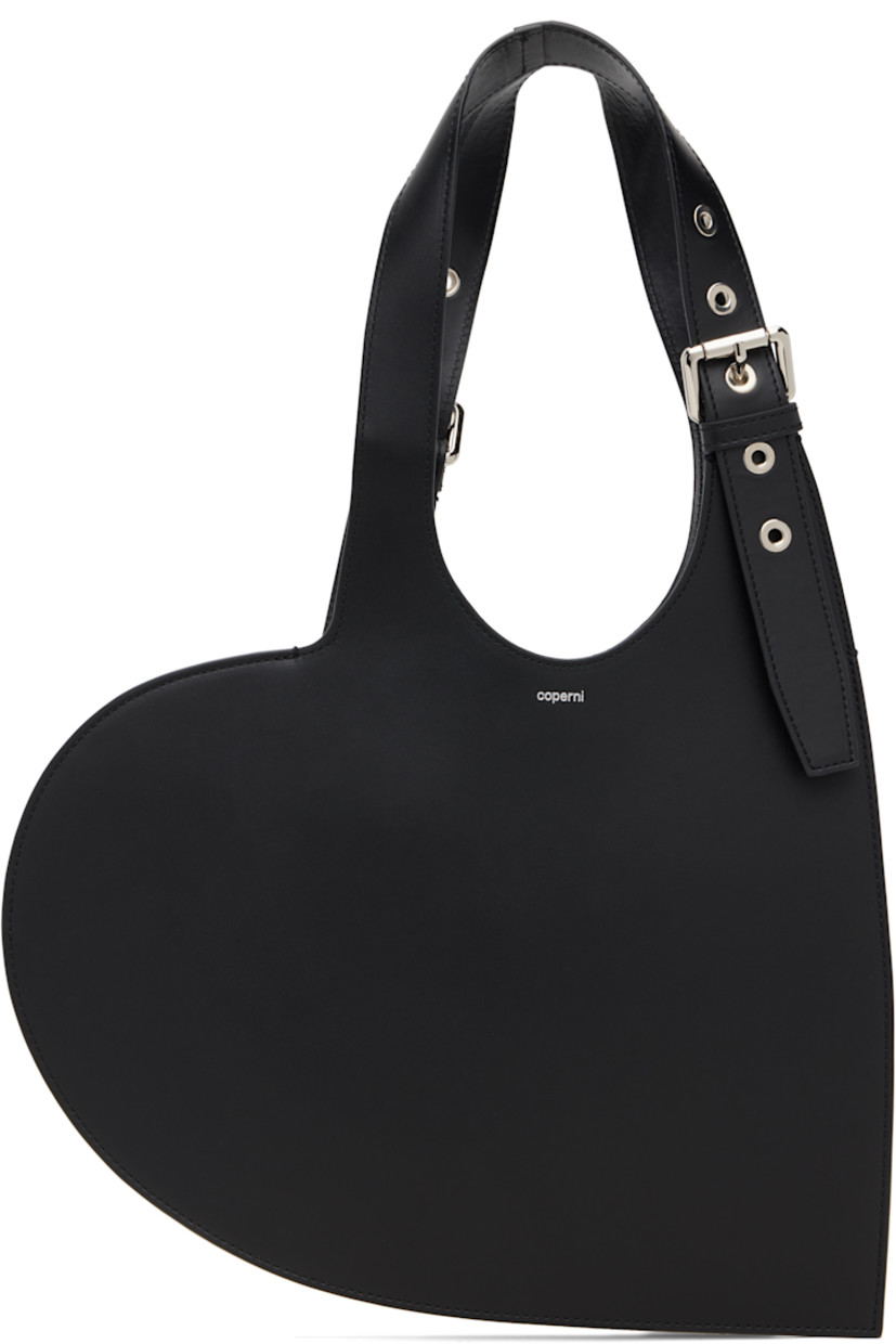 Heart-shaped buffed calfskin tote.

· Adjustable pin-buckle carry handles
· Logo stamp at face
· Buffed leather lining
· H9.75" x W13"
· Total height: H19"

Supplier color: Black