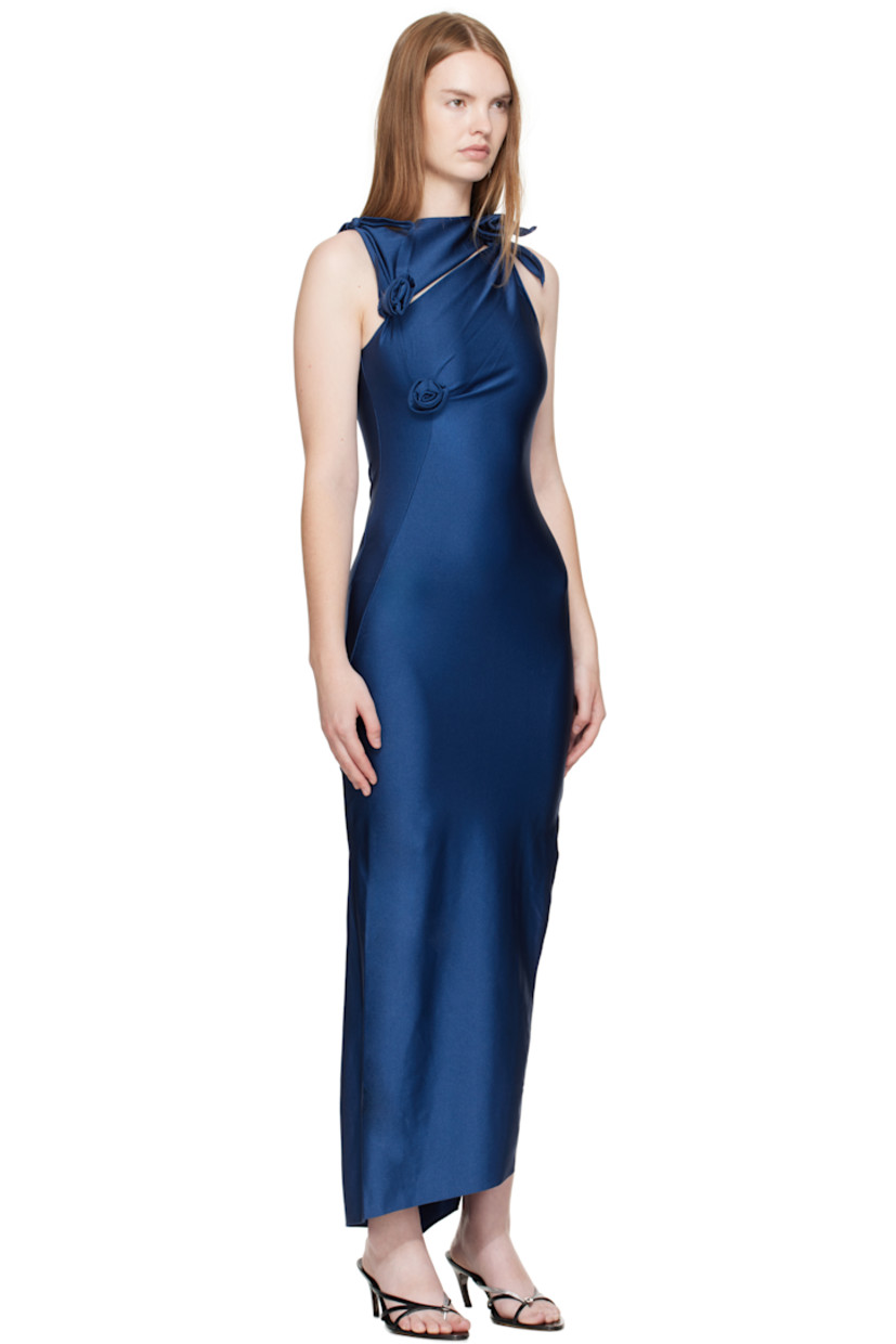 Stretch nylon jersey maxi dress.

· Asymmetric construction
· Boatneck
· Cutout at chest
· Floral accents at chest and shoulder
· Vented side seams
· Self-tie fastening at shoulders

Supplier color: Blue isola