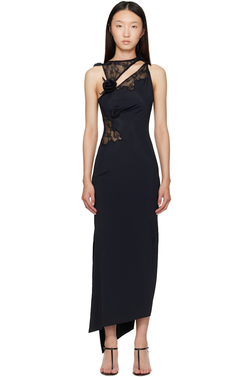 Stretch nylon jersey midi dress.

· Boatneck
· Cutout at chest
· Lace panels at front
· Floral appliqués at front and shoulder
· Twisted seams at waist
· Asymmetrical hem
· Slit at side seams
· Self-tie fastening at shoulder

Supplier color: Black