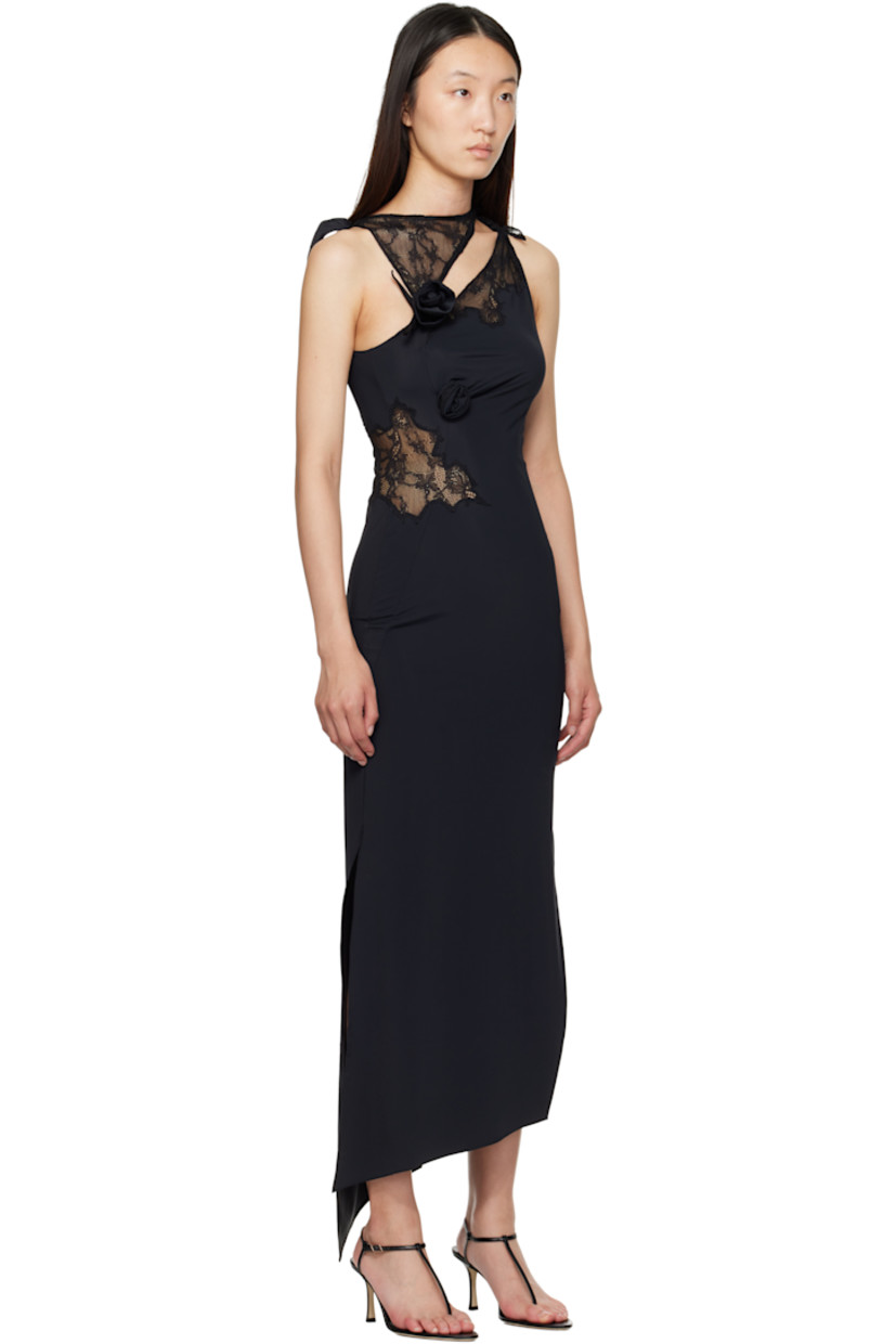 Stretch nylon jersey midi dress.

· Boatneck
· Cutout at chest
· Lace panels at front
· Floral appliqués at front and shoulder
· Twisted seams at waist
· Asymmetrical hem
· Slit at side seams
· Self-tie fastening at shoulder

Supplier color: Black