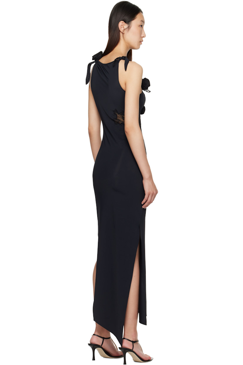 Stretch nylon jersey midi dress.

· Boatneck
· Cutout at chest
· Lace panels at front
· Floral appliqués at front and shoulder
· Twisted seams at waist
· Asymmetrical hem
· Slit at side seams
· Self-tie fastening at shoulder

Supplier color: Black
