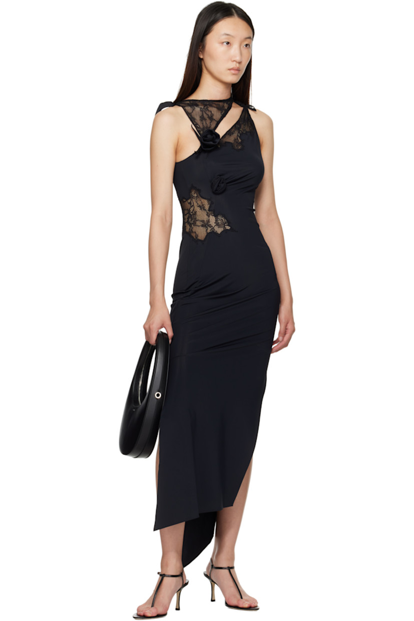 Stretch nylon jersey midi dress.

· Boatneck
· Cutout at chest
· Lace panels at front
· Floral appliqués at front and shoulder
· Twisted seams at waist
· Asymmetrical hem
· Slit at side seams
· Self-tie fastening at shoulder

Supplier color: Black