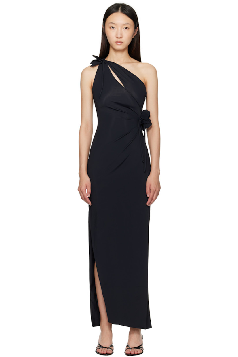 Stretch nylon jersey maxi dress. 

· Single-shoulder construction
· Asymmetrical neck and hem
· Cutout at chest
· Gathering at waist
· Floral appliqué at waist and shoulder
· Slit at side seam

Supplier color: Black