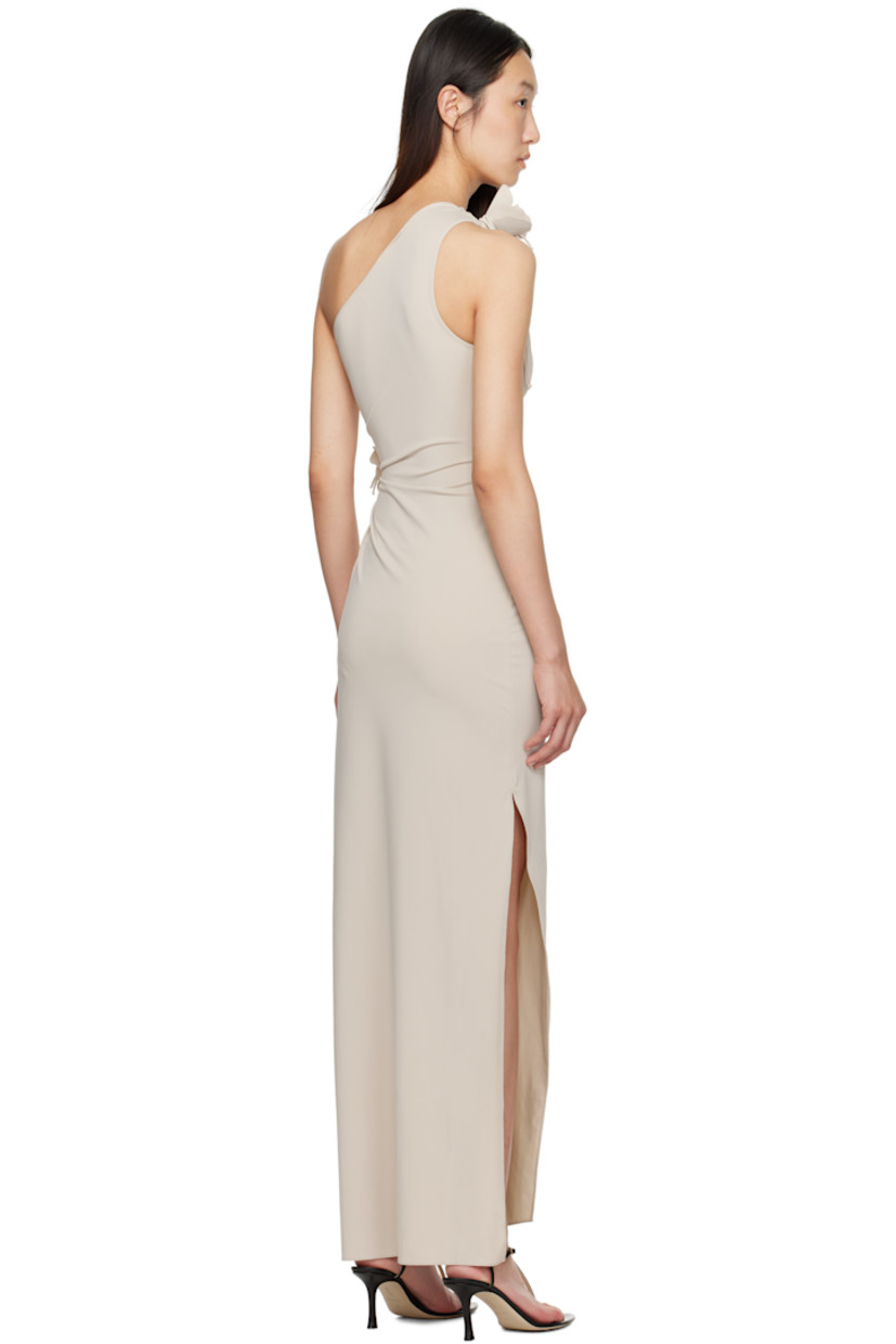 Stretch nylon jersey maxi dress. 

· Single-shoulder construction
· Asymmetrical neck and hem
· Cutout at chest
· Gathering at waist
· Floral appliqué at waist and shoulder
· Slit at side seam

Supplier color: Beige