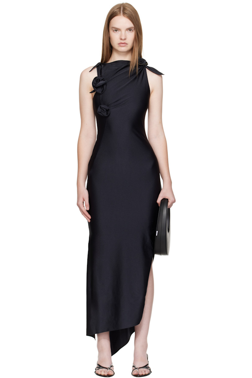 Stretch nylon jersey maxi dress.

· Asymmetric construction
· Boatneck
· Cutout at chest
· Floral accents at chest and shoulder
· Vented side seams
· Self-tie fastening at shoulders

Supplier color: Black