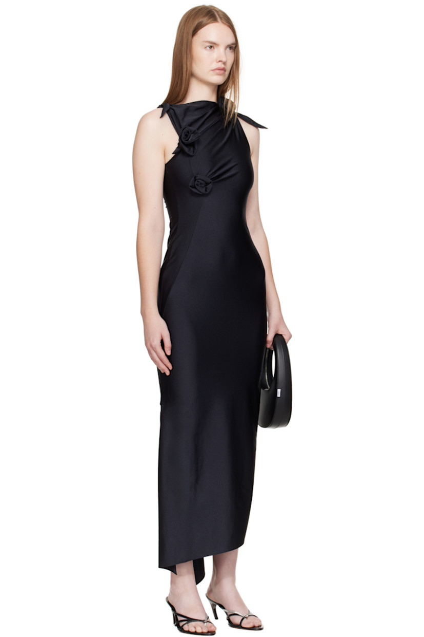 Stretch nylon jersey maxi dress.

· Asymmetric construction
· Boatneck
· Cutout at chest
· Floral accents at chest and shoulder
· Vented side seams
· Self-tie fastening at shoulders

Supplier color: Black