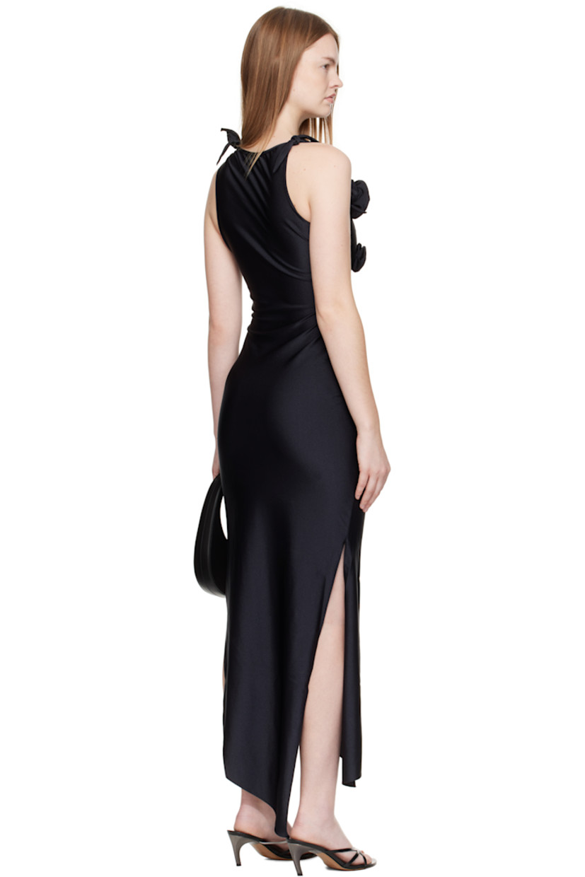 Stretch nylon jersey maxi dress.

· Asymmetric construction
· Boatneck
· Cutout at chest
· Floral accents at chest and shoulder
· Vented side seams
· Self-tie fastening at shoulders

Supplier color: Black