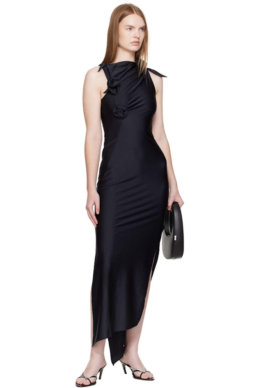 Stretch nylon jersey maxi dress.

· Asymmetric construction
· Boatneck
· Cutout at chest
· Floral accents at chest and shoulder
· Vented side seams
· Self-tie fastening at shoulders

Supplier color: Black