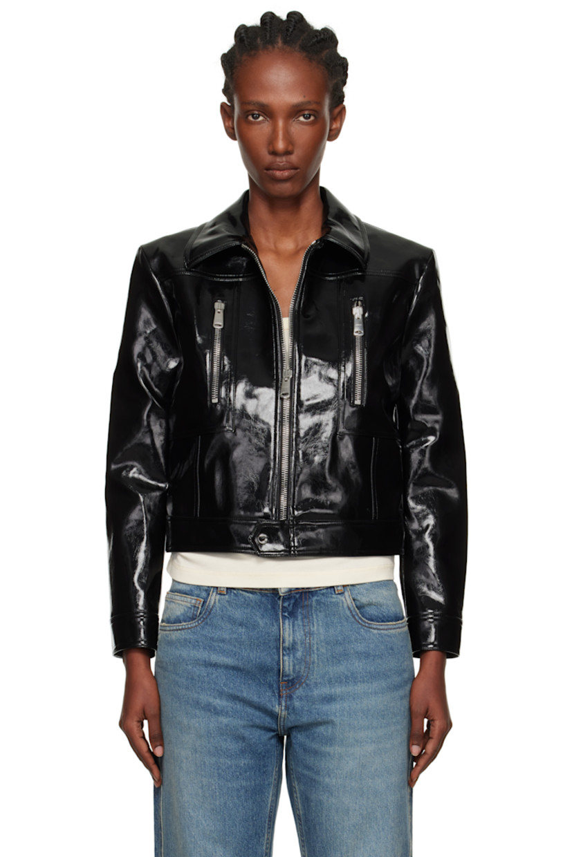 Crinkled patent faux-leather jacket.

· Spread collar
· Zip closure
· Zip pockets at front
· Logo hardware at press-stud barrel cuffs
· Full twill lining

Supplier color: Black