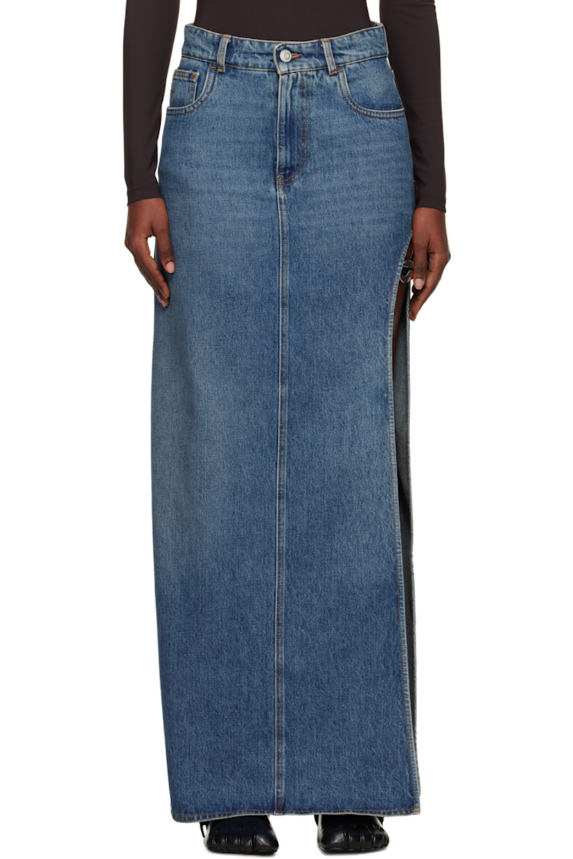 Non-stretch denim maxi skirt.

· Fading and whiskering throughout
· Belt loops
· Five-pocket styling
· Zip fly
· Slit and elasticized post-stud strap at side seam

Supplier color: Blue vintage