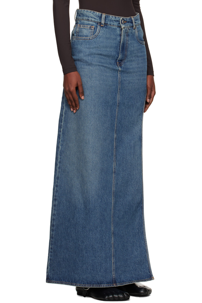 Non-stretch denim maxi skirt.

· Fading and whiskering throughout
· Belt loops
· Five-pocket styling
· Zip fly
· Slit and elasticized post-stud strap at side seam

Supplier color: Blue vintage