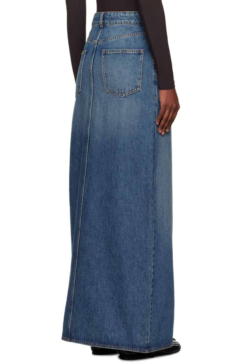 Non-stretch denim maxi skirt.

· Fading and whiskering throughout
· Belt loops
· Five-pocket styling
· Zip fly
· Slit and elasticized post-stud strap at side seam

Supplier color: Blue vintage