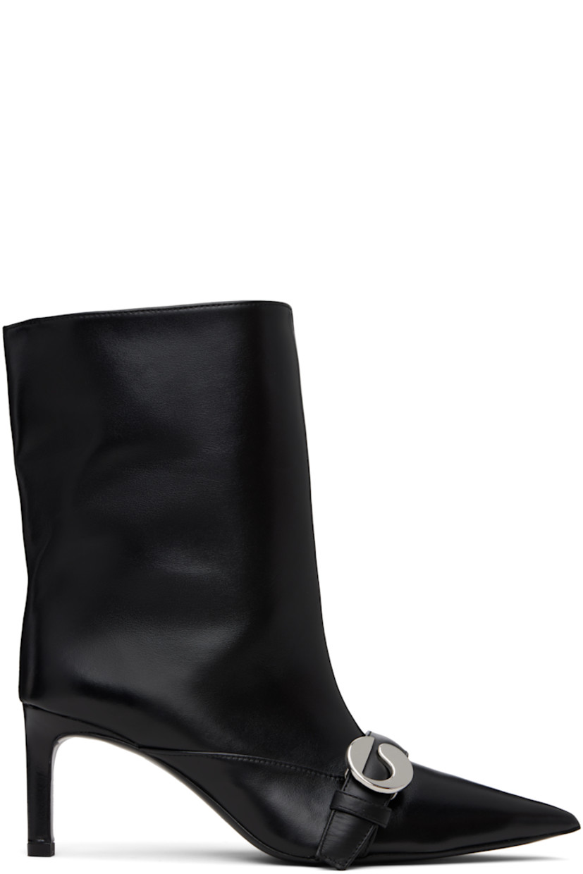 Ankle-high buffed leather boots.

· Pointed toe
· Post-stud strap with logo hardware at vamp
· Covered stiletto heel with rubber injection
· Leather sole
· Heel: H2.75"

Supplier color: Black