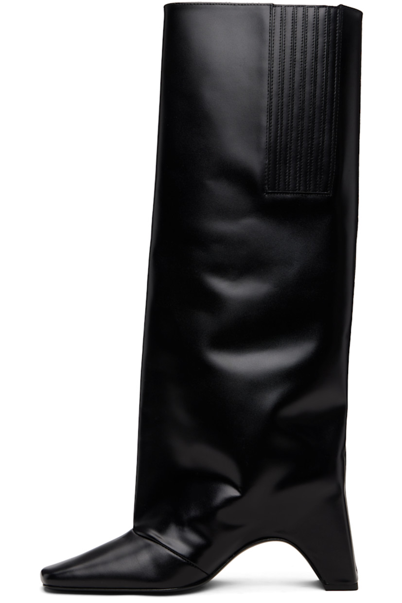 Knee-high buffed calfskin boots.

· Square toe
· Logo printed at collar
· Elasticized gusset at inner side
· Buffed leather lining
· Covered block heel with rubber injection
· Leather sole
· Heel: H3.5"

Supplier color: Black