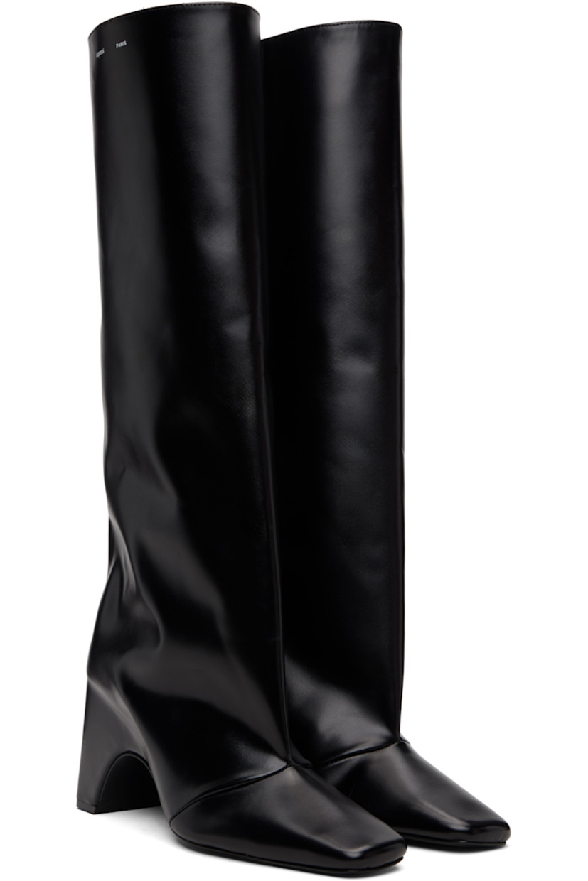 Knee-high buffed calfskin boots.

· Square toe
· Logo printed at collar
· Elasticized gusset at inner side
· Buffed leather lining
· Covered block heel with rubber injection
· Leather sole
· Heel: H3.5"

Supplier color: Black