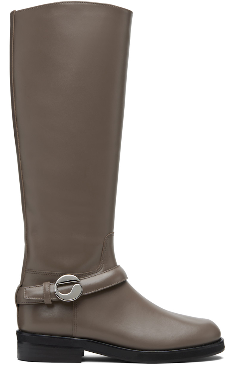 Knee-high buffed leather boots.

· Strap with logo hardware at vamp
· Zip closure at inner side
· Stacked leather block heel 
· Leather sole with rubber injections 

Supplier color: Brown