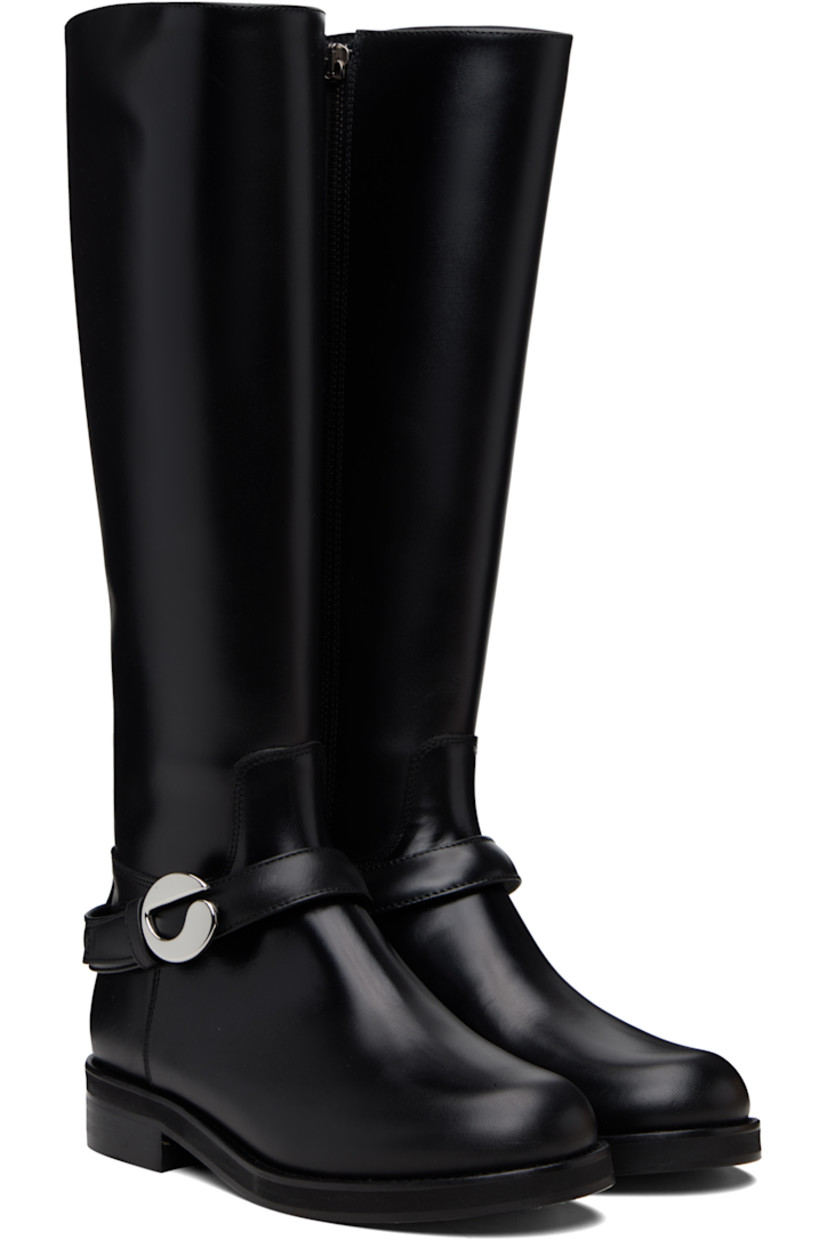 Knee-high buffed leather boots.

· Strap with logo hardware at vamp
· Zip closure at inner side
· Stacked leather block heel 
· Leather sole with rubber injections 

Supplier color: Black