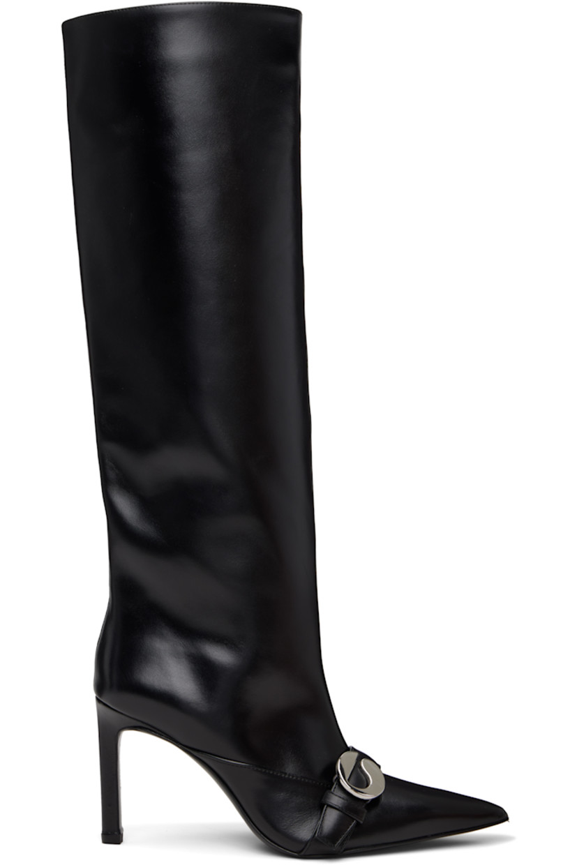 Knee-high buffed leather boots.

· Pointed toe
· Post-stud strap with logo hardware at vamp
· Covered stiletto heel with rubber injection
· Leather sole
· Heel: H3.5"

Supplier color: Black