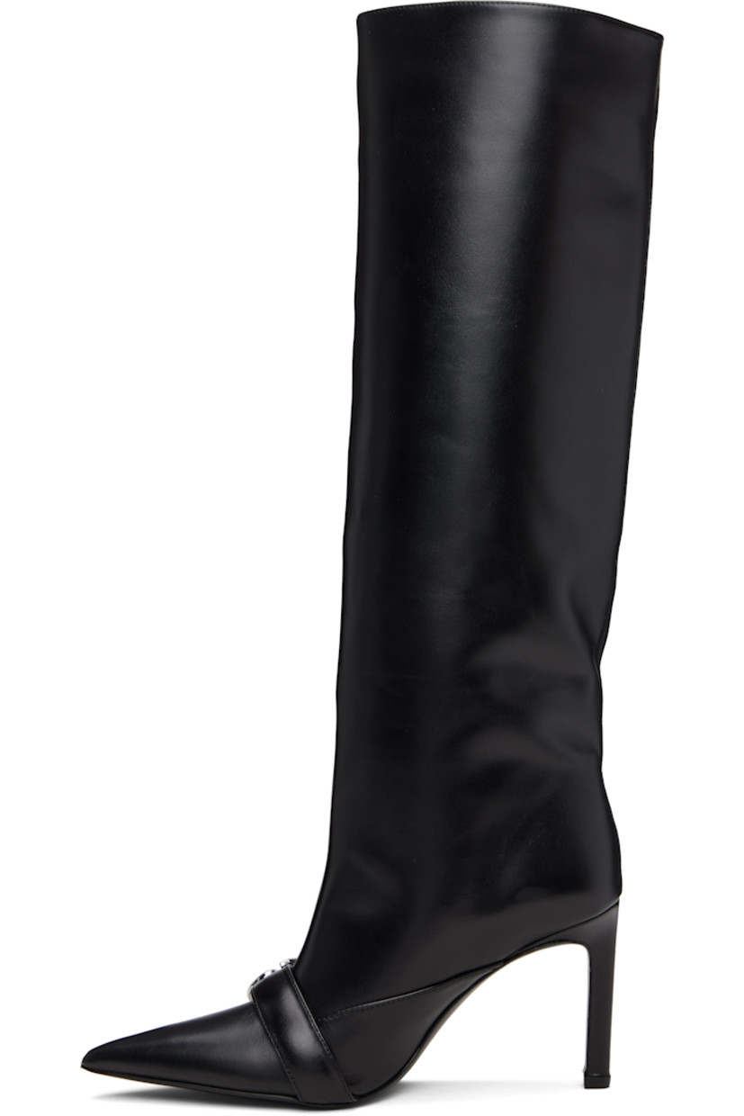 Knee-high buffed leather boots.

· Pointed toe
· Post-stud strap with logo hardware at vamp
· Covered stiletto heel with rubber injection
· Leather sole
· Heel: H3.5"

Supplier color: Black