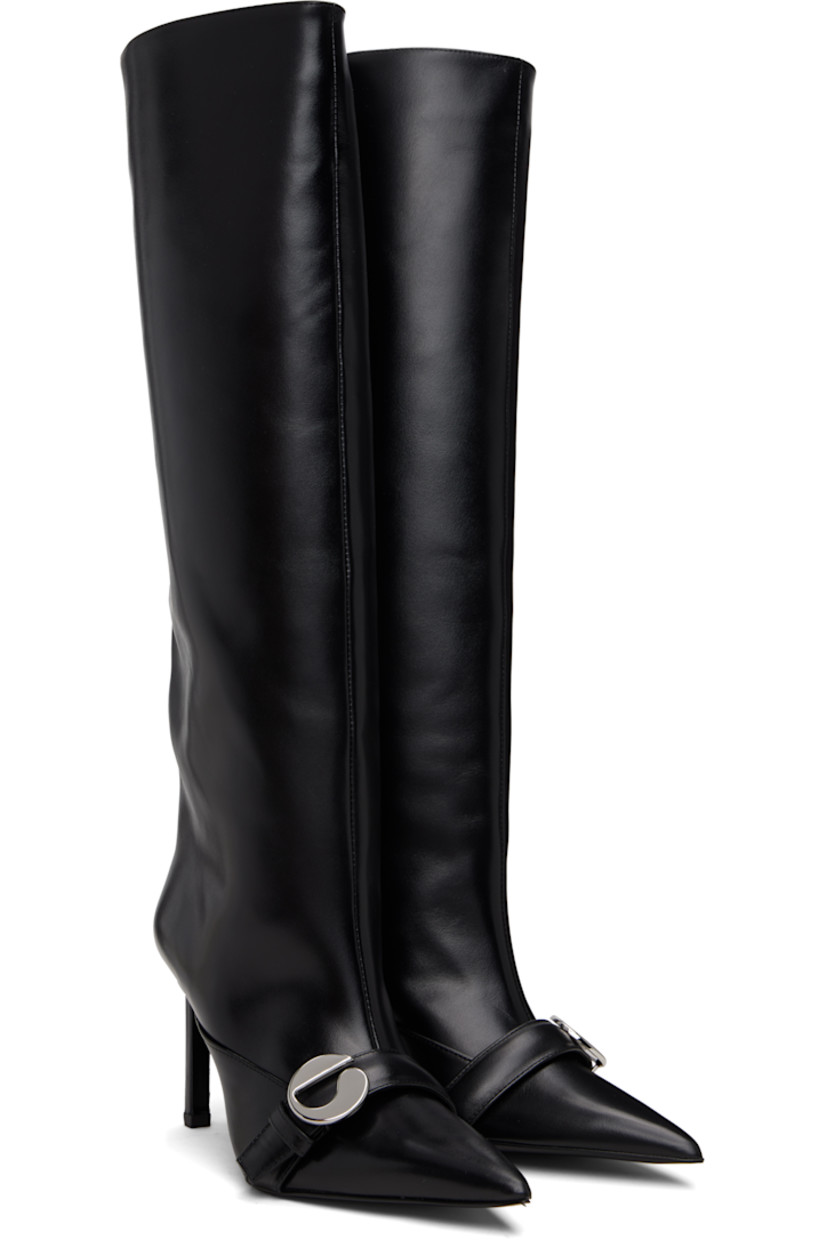 Knee-high buffed leather boots.

· Pointed toe
· Post-stud strap with logo hardware at vamp
· Covered stiletto heel with rubber injection
· Leather sole
· Heel: H3.5"

Supplier color: Black